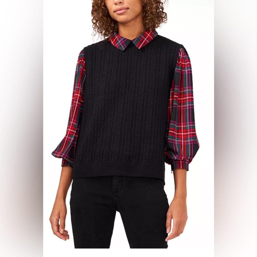 NWT Riley & Rae Festive Tartan Collar Sweater Blouse Size XS